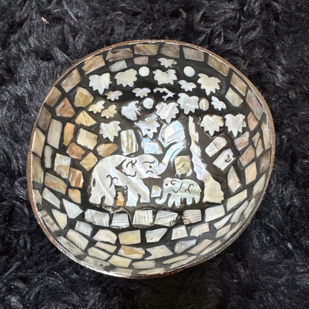 Elephant & Baby Coconut Bowl 5" Dia. Mother of Pearl Inlayed Design Handmade